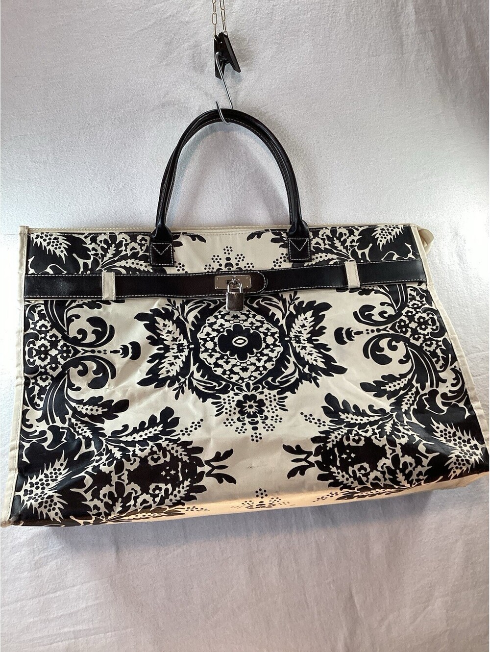 Murval Cream/Black Floral Print Large Hand Tote Bag Zipper Closure Synthetic